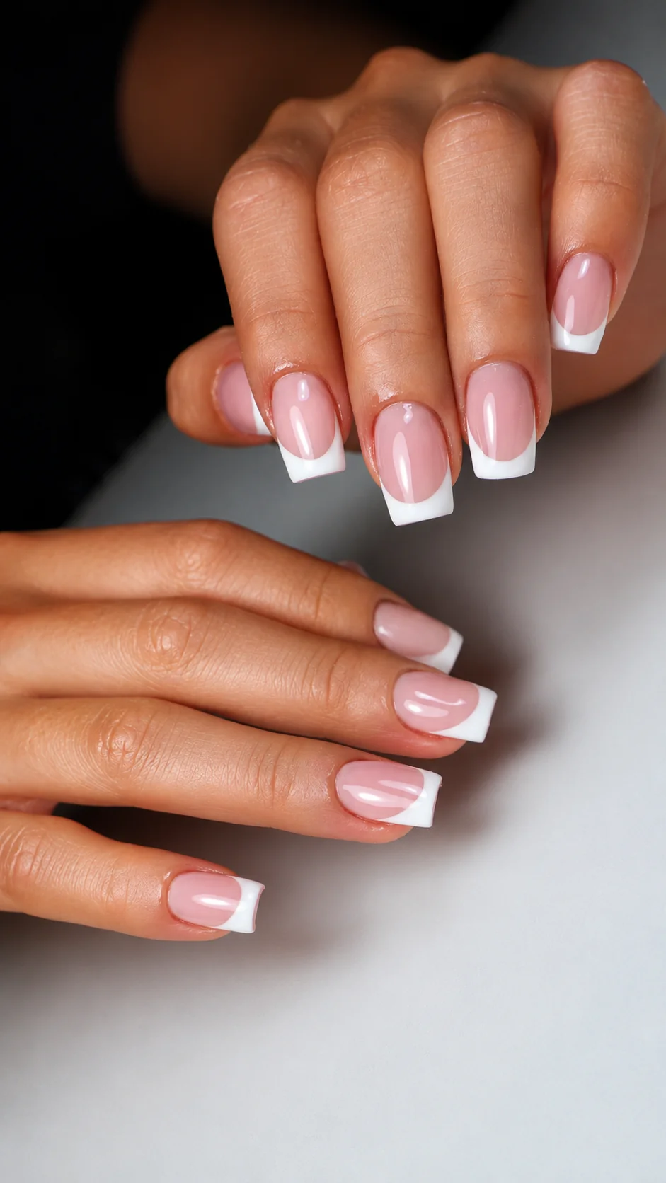 Dos manos con manicura francesa blanca sobre uña nude.